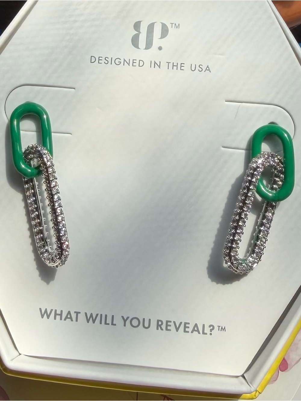 BP Green Enamel & CZ paper clip Link Earrings